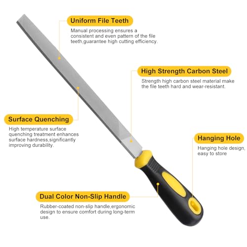 Uaorexplo 8in Flat Hand Metal File, Total 12in Length, Ergonomic Rubberized Handle, Uniform Teeth, Strength High Carbon Steel, perfect for Long Time Use for Trimming, Sharping Metal, Stone, Wood, etc.