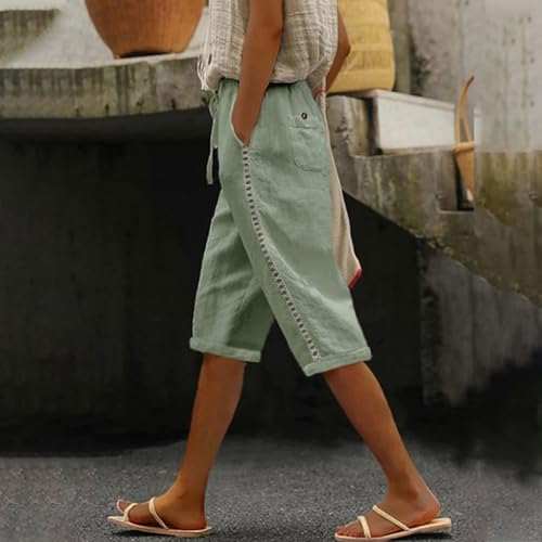 Womens Knee Length Shorts Cropped Linen Trousers Casual Plain Drawstring Capri Pants with Pockets Ladies Lightweight Loose Shorts Summer Comfy Lounge Pants for Daily Travel Vacation - Image 2