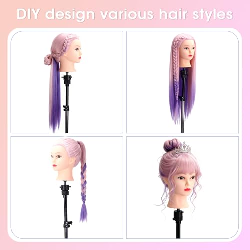 TopDirect 29" Mannequin Head with Hair,Doll Head for Cosmetology Hair Styling Training Head,Manikin Braiding Head With Clamp Holder and Styling Tools (Pink Purple) - Thumbnail 2