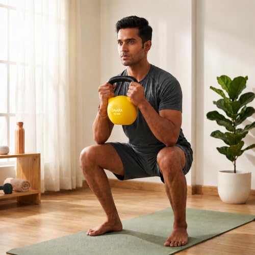 Image of DAARA Half Coating Neoprene Kettlebell, 12kg Yellow Cast Iron Kettle Bell with Non-Slip Grip Handle for Strength Training, Home Gym Workout Equipment for Men & Women (Proudly Made in India)