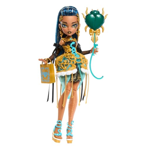 Monster High Scary Sweet Birthday Doll, Cleo De Nile in Golden Party Dress with Themed Accessories Like Invite, Balloon, Gift, Lipstick and More by Monster High - Used condition - US$11.00