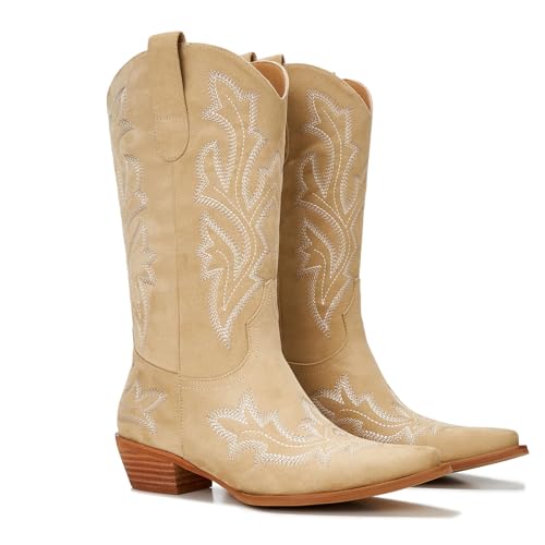 Image of Cowboy Boots for Women - Embroidered Western Cowgirl Boots with Fashion Snip Toe, 1.75-Inch Low Block Heel and All-Day Comfort Fit
