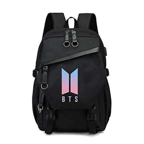 JLTPH Unisexe Kpop BTS Bangtan Boys Sac à Dos avec USB Interface Sac Toile Décontracté Cartable de Collège Sac d'ordinateur Portable Sac de Voyage pour Les Fans Grande Capacité