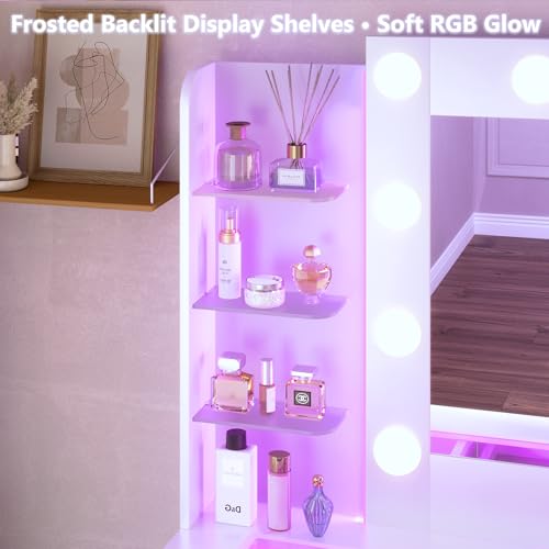 Image of HUAHUU Vanity Desk with Mirror and Hollywood Lights, Makeup Vanity 6 Backlit Open Shelves with Frosted Panel & RGB Light, Transparent Top, Power Outlet, 7 Drawers & Storage Organizer for Bedroom