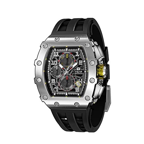 TSAR BOMBA Montre Homme Montre de Luxe Etanche 50M Tonneau Analogique Chronometre Squelette Carrée Grand Cadran Plongee Sport Montres Mouvement Japonais Bracelet Silicone Miroir Saphir Lumineux