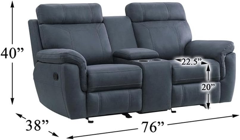 Pemberly Row Microfiber 2-Piece Manual Reclining Sofa Set, Blue Polished Finish, Dual Recliners with Drop-Down Table and Cup Holders, Glider Loveseat with Console, Casual Living Room Furniture