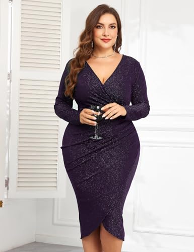 Image of ZOMVA Plus Size 0X-4X Sparkly Glitter Ruched Bodycon Midi Dress Sparkle Sequin Wrap Ruffle Sleeve Dress Cocktail Party Formal