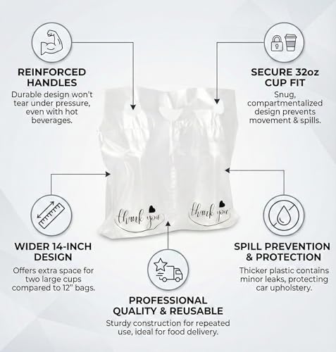 Camtoms Drink Carrier Bag - 100pcs 2 Cup Carrier with Handle for Delivery Drivers - 32oz Cup Holder Bag for Beverages - Plastic Drink Bags for Food Delivery