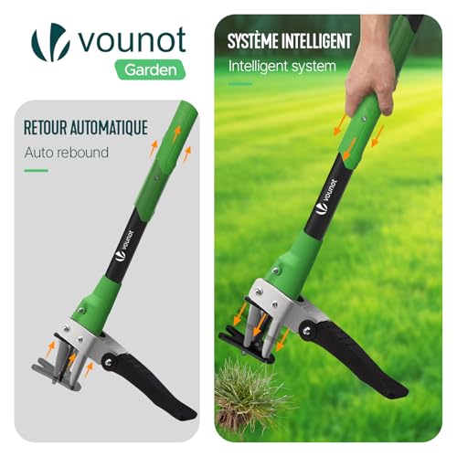VOUNOT® Unkrautstecher, Unkraut entferner Gerät, Unkrautjäter mit langem Stiel und Edelstahlkrallen ideal für Garten und Rasen, Länge 100cm