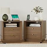 FORTUNETEC Nightstand Set of 2 with Charging Station, Mid Century Modern Nightstand with Wood Grain Texture, Minimalist End Table with Drawers Storage, Bedside Table for Bedroom Living Room, Walnut