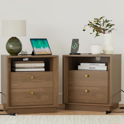 FORTUNETEC Nightstand Set of 2 with Charging Station, Mid Century