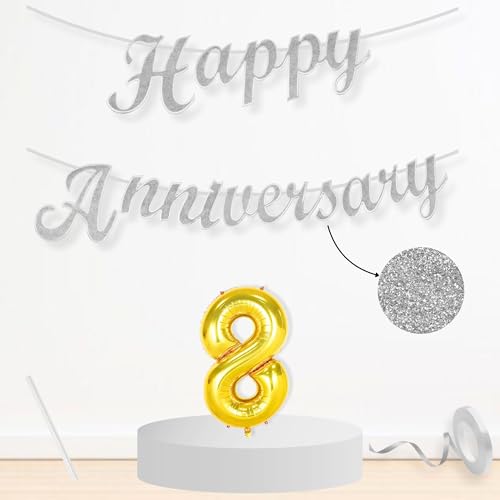 Image of Flyloons 8th Happy Anniversary Banner Silver Decorations Kit for Men Women Wedding Anniversary Banner Items without Balloons