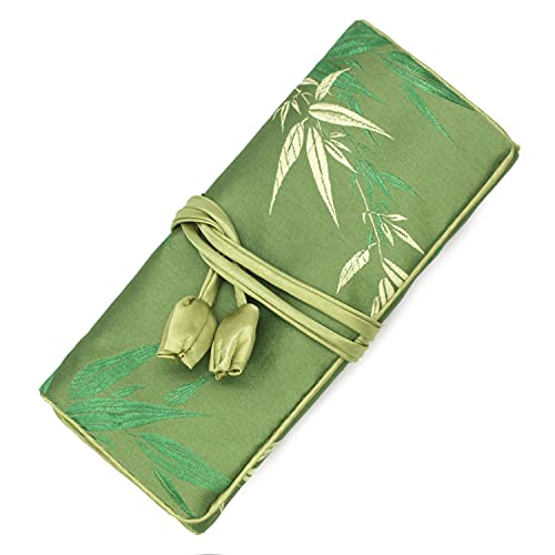 SmilerSmile Jewelry Travel Bag Embroidery Travel Jewelry Organizer with Tie Close Embroidered Flower Jewelry Roll for Women Girls (Bamboo Green) by SmilerSmile - Used condition - US$7.59