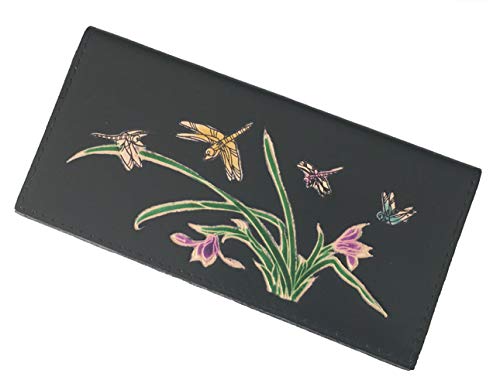 BPLeathercraft Genuine Leather Checkbook Cover, Dragonflies & Iris Flower Pattern