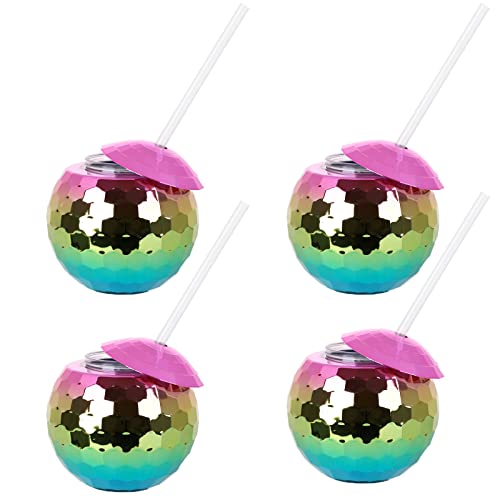 Disco Ball Cups Tumbler Disco Flash Ball Cocktail Cup Silver Spherical Cup with Lid and Straw Disco Wine Glass Drinking Syrup Tea Bottle for Disco Bar Party Supplies