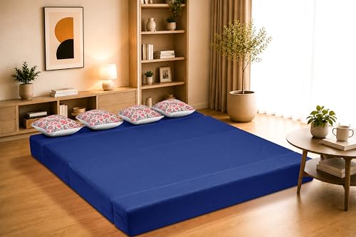 Image of Four Seater Sofa Cum Bed Jute Fabric 6 X 6 Ft| Space Saving Foldable Sofa Bed for Living Room & Guest Room | Comfortable Multi-Functional Furniture - Blue
