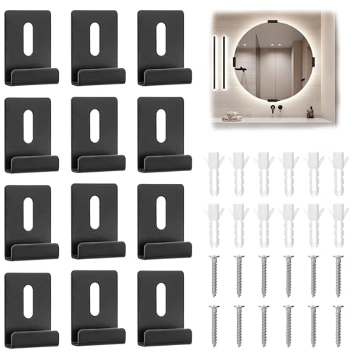 Image of 12 Pack Metal Mirror Clips for Wall Mounting, Wide Channel Mirror Hanging Hardware Kit, Heavy Duty Mirror Holder Clips with Screws, Mirror Brackets for Wall Mounting Frameless Mirror Billboard (Black)