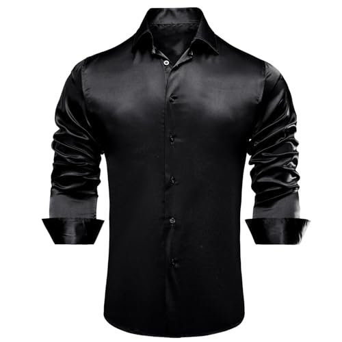 Image of Hi-Tie Men's Silk Satin Dress Shirts Long Sleeve Shiny Casual Button Up Shirts Luxury Party Disco Prom Wedding Shirt