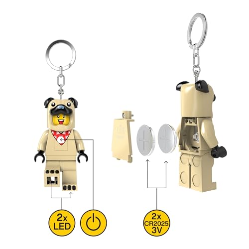 LEGO Mops-Kostüm Guy Schlüsselanhänger mit LED-Licht – große Minifigur 7,6 cm (KE213H) – voll beweglich – inkl. Batterien – witziges Geschenk & Taschenlicht für Kinder und Fans