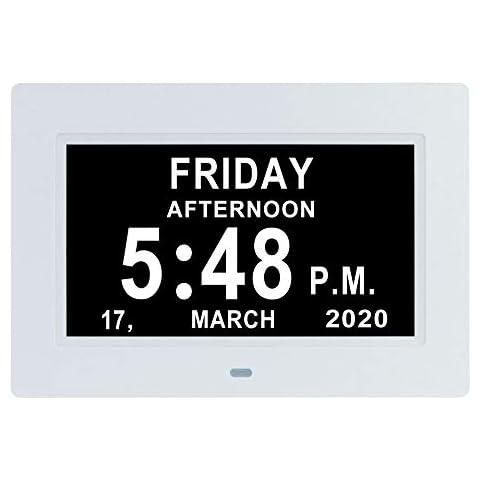 Johnziny 7 Inch Digital Calendar Day Date Clock-12 Alarm Options with Auto-Dimming,Extra Large Non-Abbreviated Day&Month Memory Loss Clock for Seniors,Dementia,Impaired Vision (White) Cover