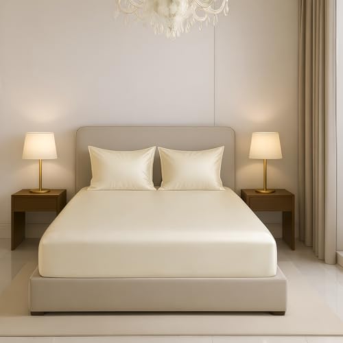 Image of Luxe Ere Elastic Fitted Satin Bedsheet Queen Size (78x60) with 2 Pillow Covers, Ultra-Smooth 300TC Silky Fabric, Perfect for Home Decor, Gifting & Romantic Escapes-Classic Ivory