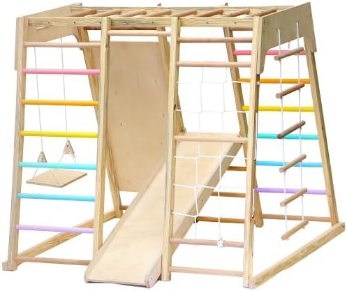 7 in 1 Jungle Gym Set for Kids - Durable Climbing Triangle for Toddlers, Colorful Climbing Toys Indoor with Swing, Rope & Rock Climb, Monkey Bar, Ramp & Slide