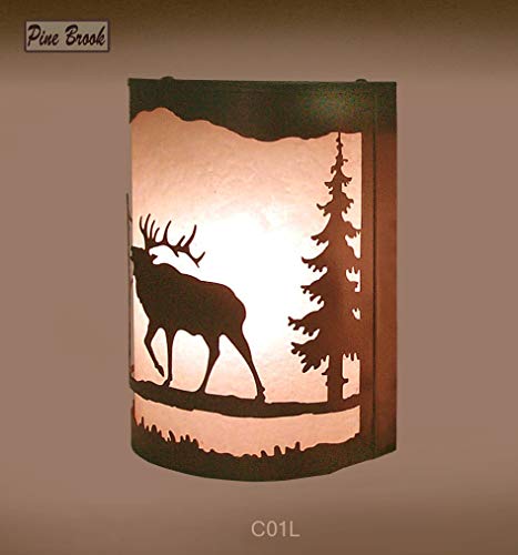 Image of Rustic Elk Wall Sconce - Lodge Cabin Decor | Frosted Amber Glass & Burnished Bronze Metal Light | Woodland Nature Wall Light Fixture