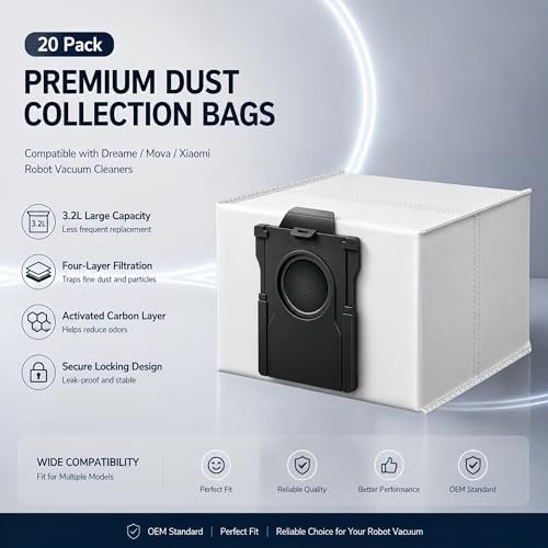 Image of 20 Pack Dust Bags for Dreame X60 Max Ultra /X50 Ultra /X40 Ultra /X30 Ultra /L60 Pro Ultra /L50 Ultra /L40 Ultra Gen 2 Robot,3.2L Large Capacity Activated Carbon Bags,Four-Layer,9 Week