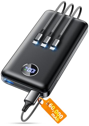 モバイルバッテリー 大容量 【60000mAh大容量 ・3in1充電ケーブル付き】IAPOS モバイルバッテリー 急速充電 22.5W/20W対応 5台同時充電可能 最大4.5A出力 LED電量残量表示 Type-C入出力兼用 回路保護 低電流モード対応 携帯充電器 スマホ充電器 軽量 機内持ち込み可能 旅行/出張/アウトドア/停電対策/防災 power bank PSE技術基準適合(ブラック)の商品画像（Amazon）