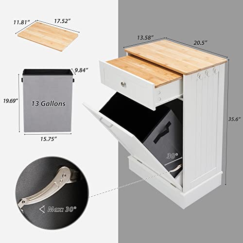 Spurgehom 13 Gallon Tilt Out Trash Cabinet Kitchen Waste Bins,Free Standing Laundry Hamper With Hideaway Drawer Wooden Bamboo Cutting Board Storage Bag,Pet Proof Trash Can For Living Room (White) #TOP5