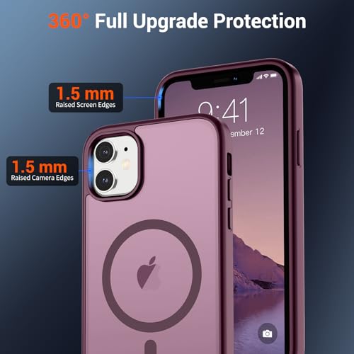 Image of SUPFINE Magnetic for iPhone 11 Phone Case (Compatible with MagSafe)(Military Grade Drop Protection) Translucent Matte Shockproof Phone Case,Wine Red