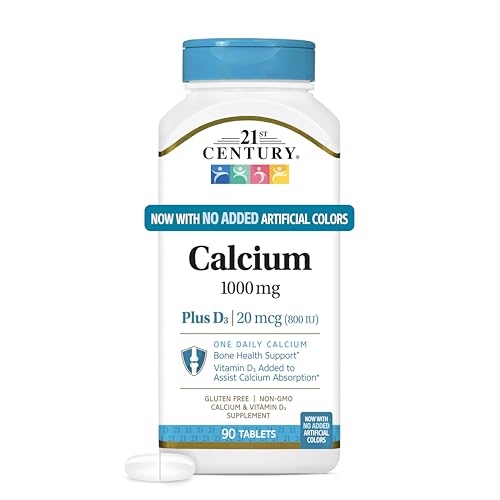 21st Century Calcium Plus D3 Tablets, (90 Count), 1000mg Calcium with Vitamin D3 20mcg (800 IU), Gluten-Free & Non-GMO, Bone Health Supplement for Men & Women, No Added Yeast or Artificial Flavors