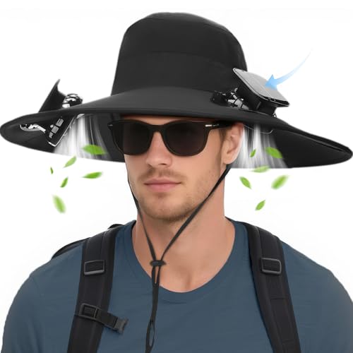 Hat with Fans Solar Power Wide Brim Solar Fan Hat, Sun Hat with 2 Fans Two Power Supply Modes, Outdoor Solar Powered & USB Charging Fishing Hat for Men Women Solar Fan Hats for Men
