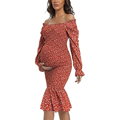 Maternity Fall Floral Midi Bodycon Dresses, Long Puff Sleeve Square Neck Ruffle Hem Mermaid Baby Shower Dress Red M Cover