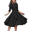 Womens-Elegance-Audrey-Hepburn-Style-Ruched-Dress-Round-Neck-34-Sleeve-Sleeveless-Swing-Midi-A-line-Dresses FENJAR Womens Elegance Audrey Hepburn Style Ruched 3/4 Sleeve Midi A-line Dress Black