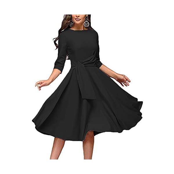 Womens-Elegance-Audrey-Hepburn-Style-Ruched-Dress-Round-Neck-34-Sleeve-Sleeveless-Swing-Midi-A-line-Dresses FENJAR Womens Elegance Audrey Hepburn Style Ruched 3/4 Sleeve Midi A-line Dress Black