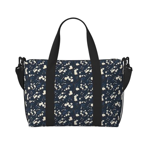 Travel Duffle Bags For Women Men - Navy Blue Plum Blossom Print Personal Item Weekender Overnight Gym Carry On Airport Tote Bag With Strap For Yoga, Travel, Business Trips