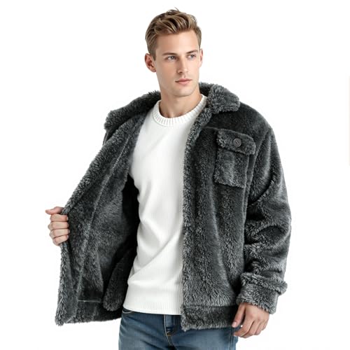 Image of GINGTTO Mens Furry Button-Up Jacket 4 Pockets Fluffy Coat For Men