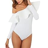 CFTGIW Body de Manga Larga con un Hombro para Mujer Mono de Moda Entallado con Volantes de Color y Entrepierna a Presión Negro M Delgado y Color Muestra Volantes en el Cuerpo Una Apariencia (S)