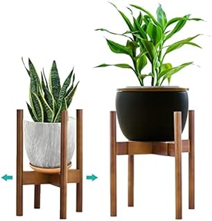 YEALEO 2 Sets of Bamboo Adjustable Plant Stands, 8'' to 12'' Wood Flower Stand Modern Flower Holder for Indoor and Outdoor Use Planter, Brown-2 PACK
