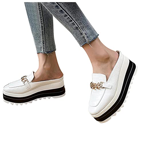 Hbeylia Platform Mule Slippers Shoes For Women Ladies Fashion Snake Leather Metal Chain Square Toe Chunky Bottom High Heels Slip On Loafers Sandals Casual Flats Dress Walking Slides Shoes For Fall
