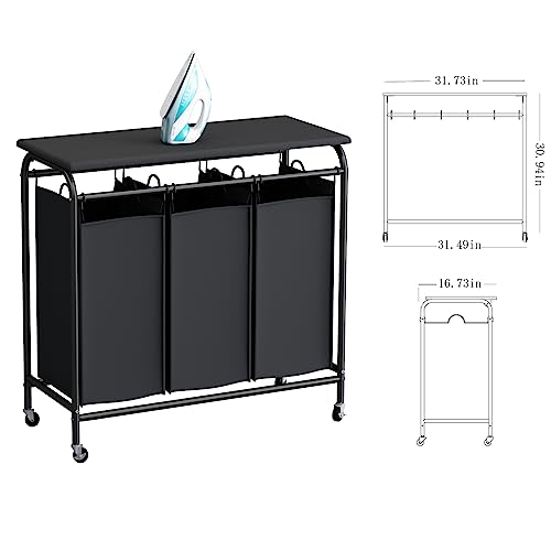 Linzinar 3-Bag Laundry Sorter Heavy Duty Rolling Lockable Wheels Laundry Hamper Cart With Ironing Board And Removable Bags, Black #TOP5