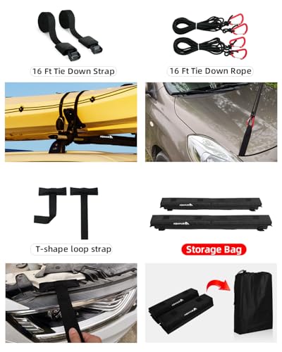 Image of Abahub Soft Roof Rack Pads System for Surfboard, Kayak, Canoe 30 Inch | Car Roof Rack Pads Use with Cross Bar, with 2 Tie Down Straps, 2 Tie Down Ropes, 2 Hood Loops and Storage Bag