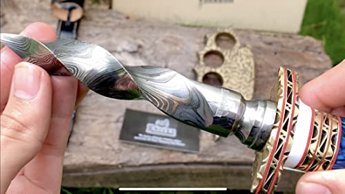 NoonKnives: 10.5" Hand-made Damascus Steel blade Collectible Kris Handle Blue Pakka Wood with brass clip or brass pommel