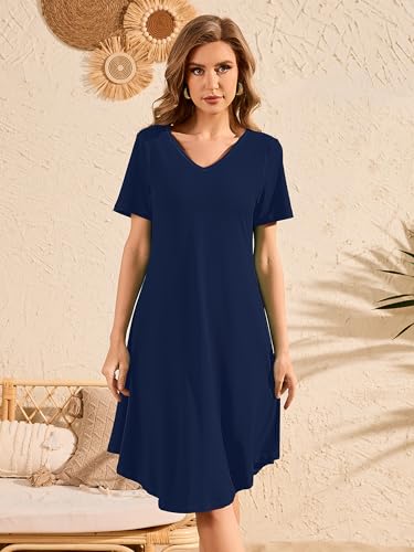 Image of DEARCASE Summer Dresses for Women V-Neck Short Sleeve T Shirt Dress Casual Flowy Swing Beach Vacation Mini Sundress