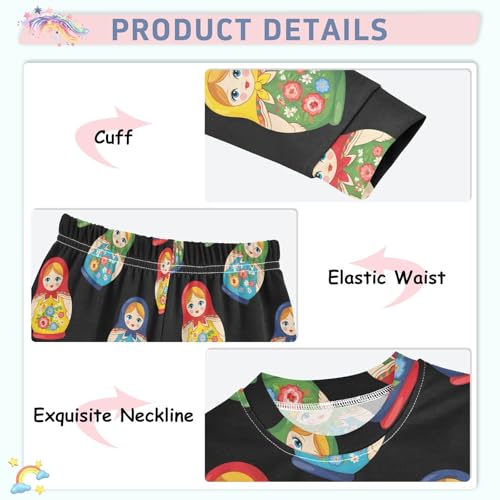 Pajama Sets Long Sleeve Matryoshka Dolls on Black Soft Comfy Sleepwear 2 Piece PJS 3-8T4