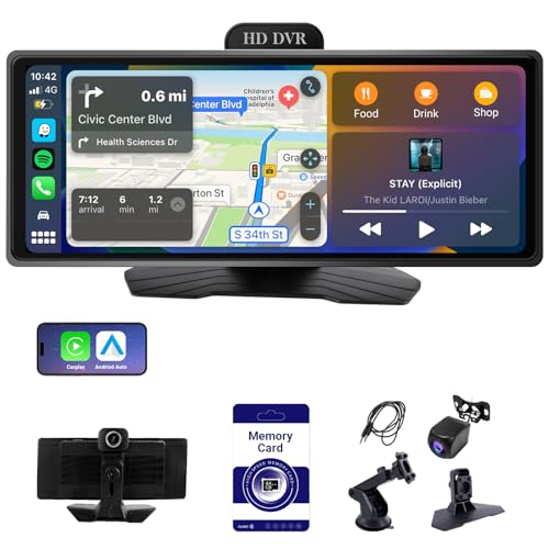 Haudio Audio de Coche Portátil para Carplay y Android Auto Inalámbrico,Autoradio Estéreo IPS Pantalla Táctil,con Cámara Trasera 1080P HD/FM/AUX/Control por Voz/Navegación GPS (10.26 Pulgadas)