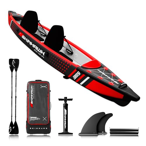SKINHAWK Premium Full Drop Stitch Kayak 385 Rojo Inflable Canoa para Inflable, Kayak de Aventura, 385 x 85 cm
