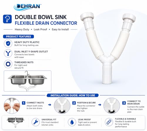 Image of DEHRAN Dual Sink PVC Waste Pipe, 40mm Nut Connector, 750mm (2.5 Ft) Flexible Drain Connector for Kitchen Sink, Universal Fit for 2 Sink /Basins