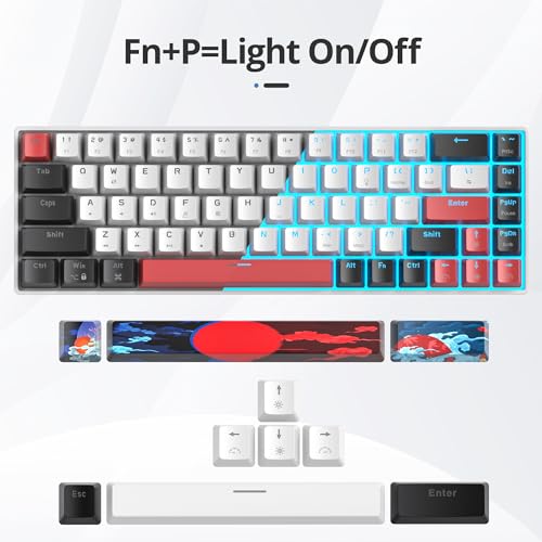 SbocKeeb Klawiatura gamingowa biała 60% – mini klawiatura mechaniczna 65% niebieska LED Backlit, 68 klawiszy przewodowa Amerïka QWERTY z czerwonym przełącznikiem do PC/laptopa GT68-White